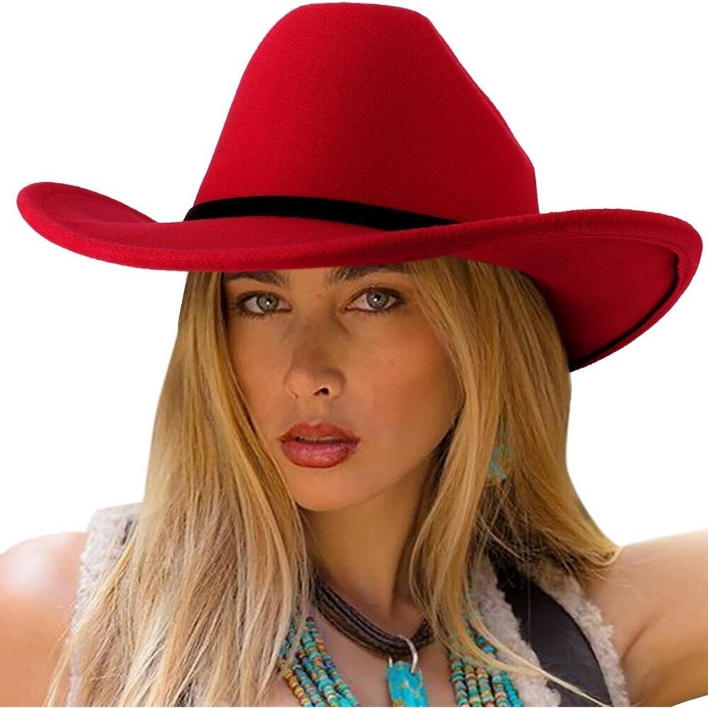 Women's Red Western With Leather Band Classic Brim Fedora Felt Cowboy Hat